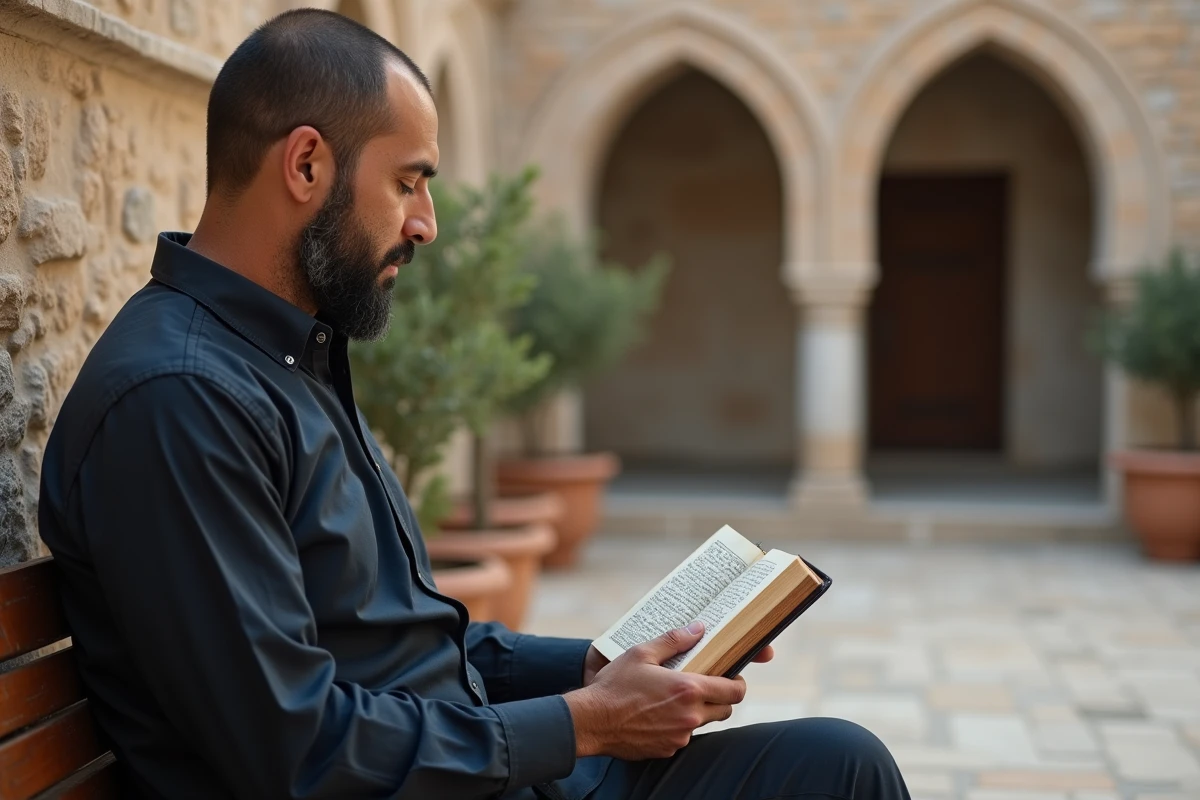 Homme musulman d'âge moyen lisant un petit Coran de poche dans la cour intérieure d'une mosquée, assis sur un banc en bois devant une arche en pierre traditionnelle