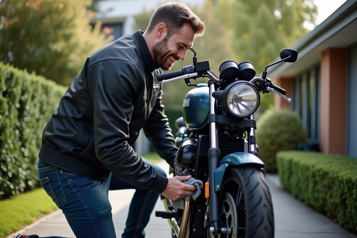 Homme nettoyant un échappement de moto Yamaha en extérieur