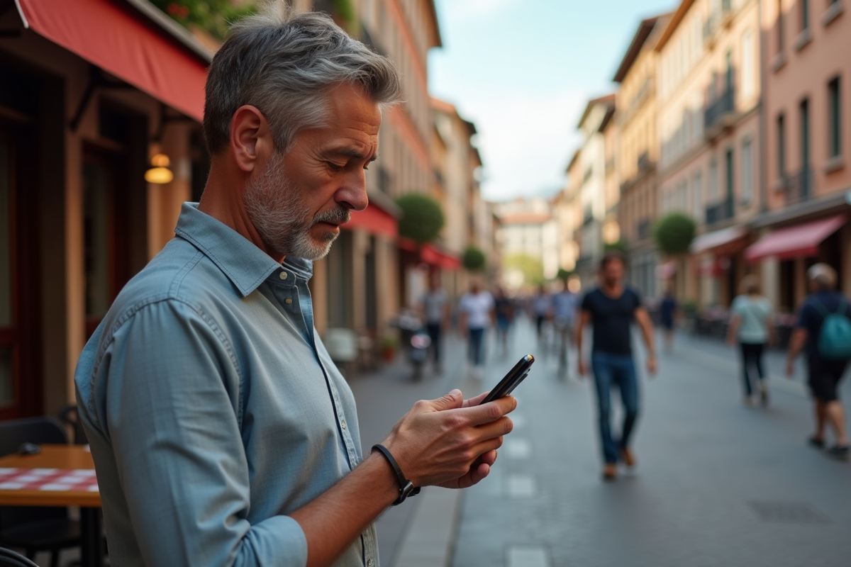Homme réservant un hôtel dans une rue de Toulouse