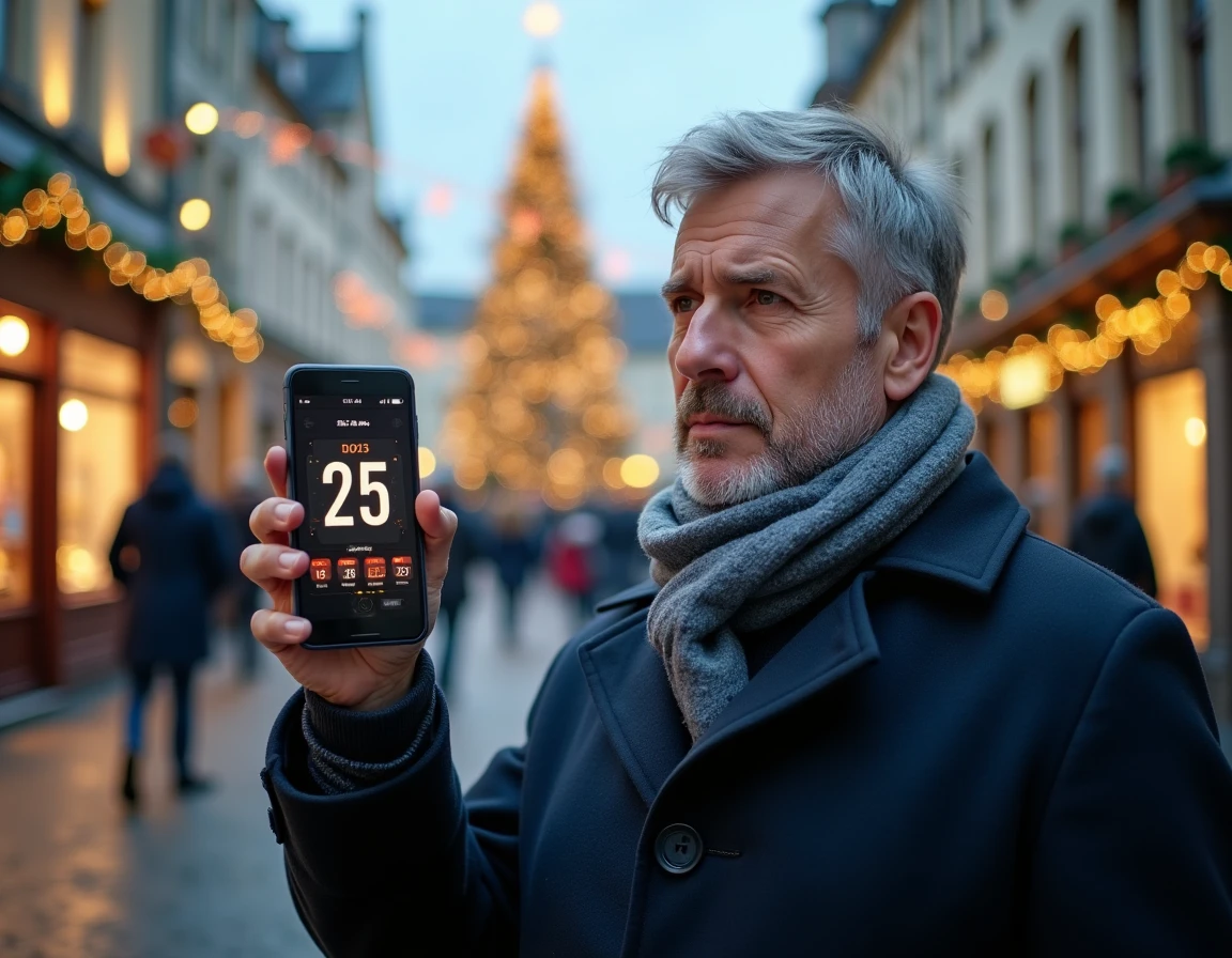 Homme tenant un smartphone avec un compte à rebours de Noël 2026 sur une place de ville européenne décorée