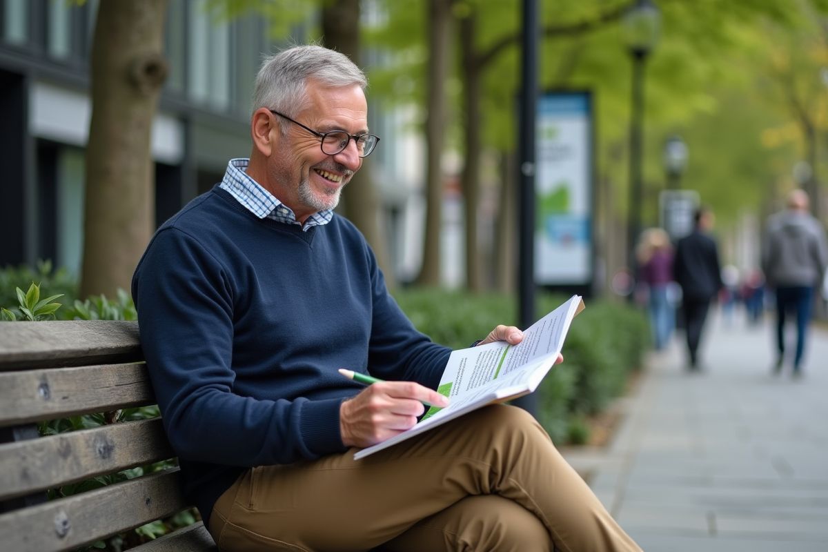 Homme souriant lisant brochures d investissement durable en ville
