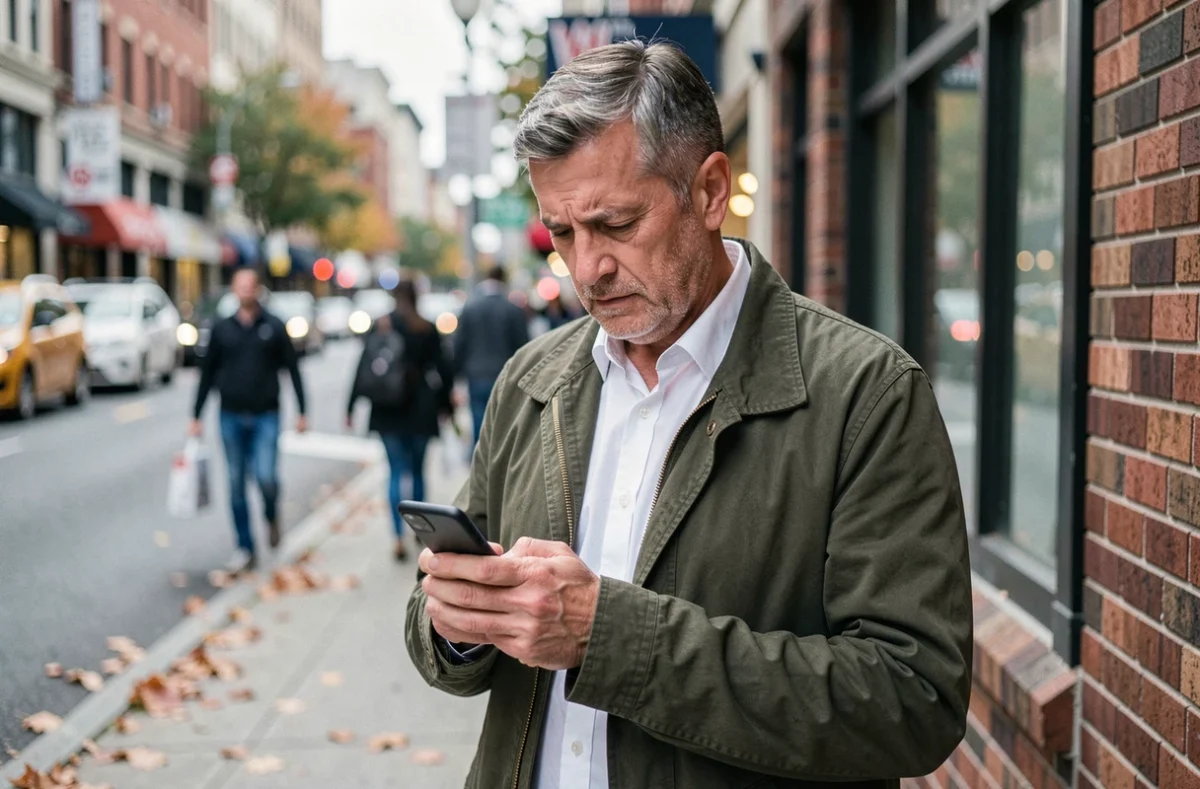 Homme d'âge mûr consultant son téléphone dans la rue avec une expression préoccupée, symbolisant l'impact individuel de la cancel culture