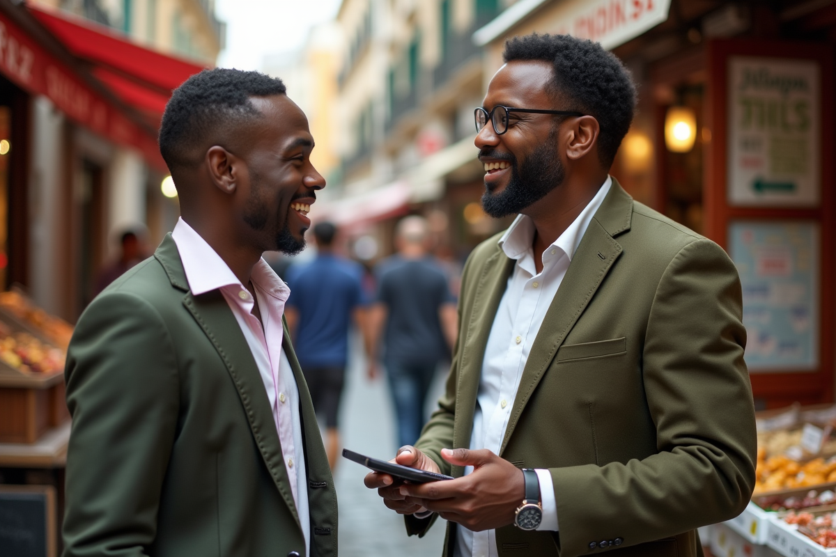 Homme noir avec un appareil de traduction dans un marché européen