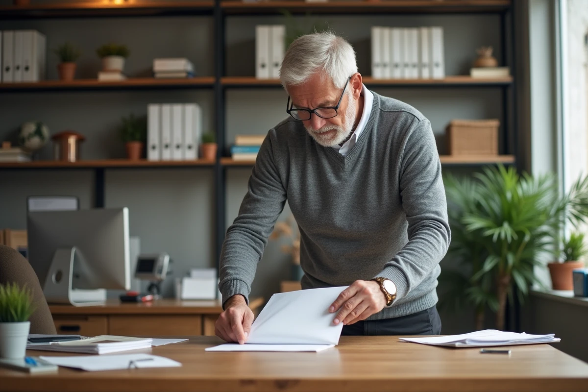 Homme âgé classant des documents dans un bureau lumineux