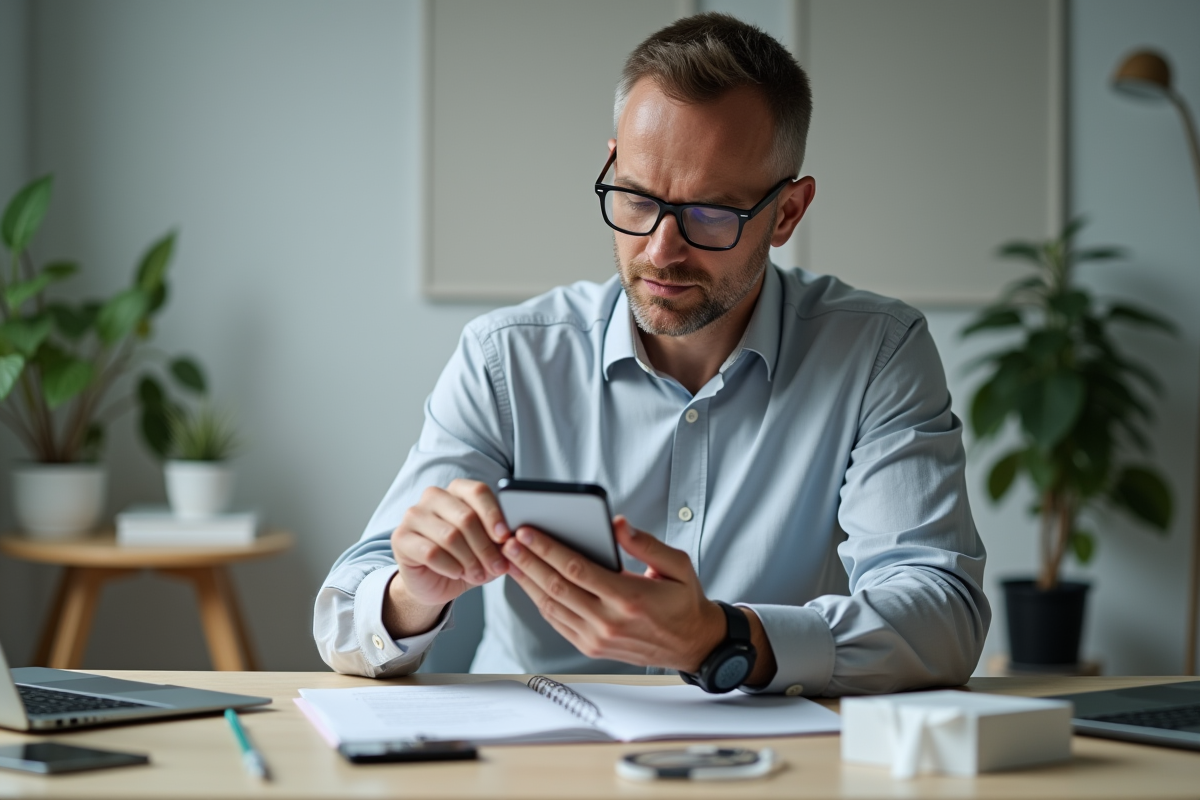 Homme déballant un smartphone dans un bureau à domicile
