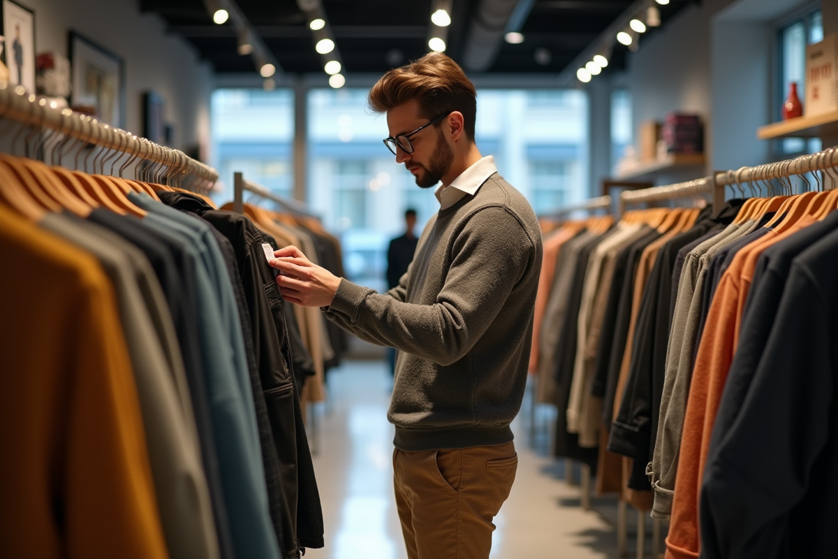 Jeune homme examinant une étiquette dans un magasin de vêtements