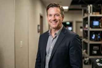 Humoriste et animateur souriant en coulisses d'un plateau de télévision, illustrant une personnalité médiatique française