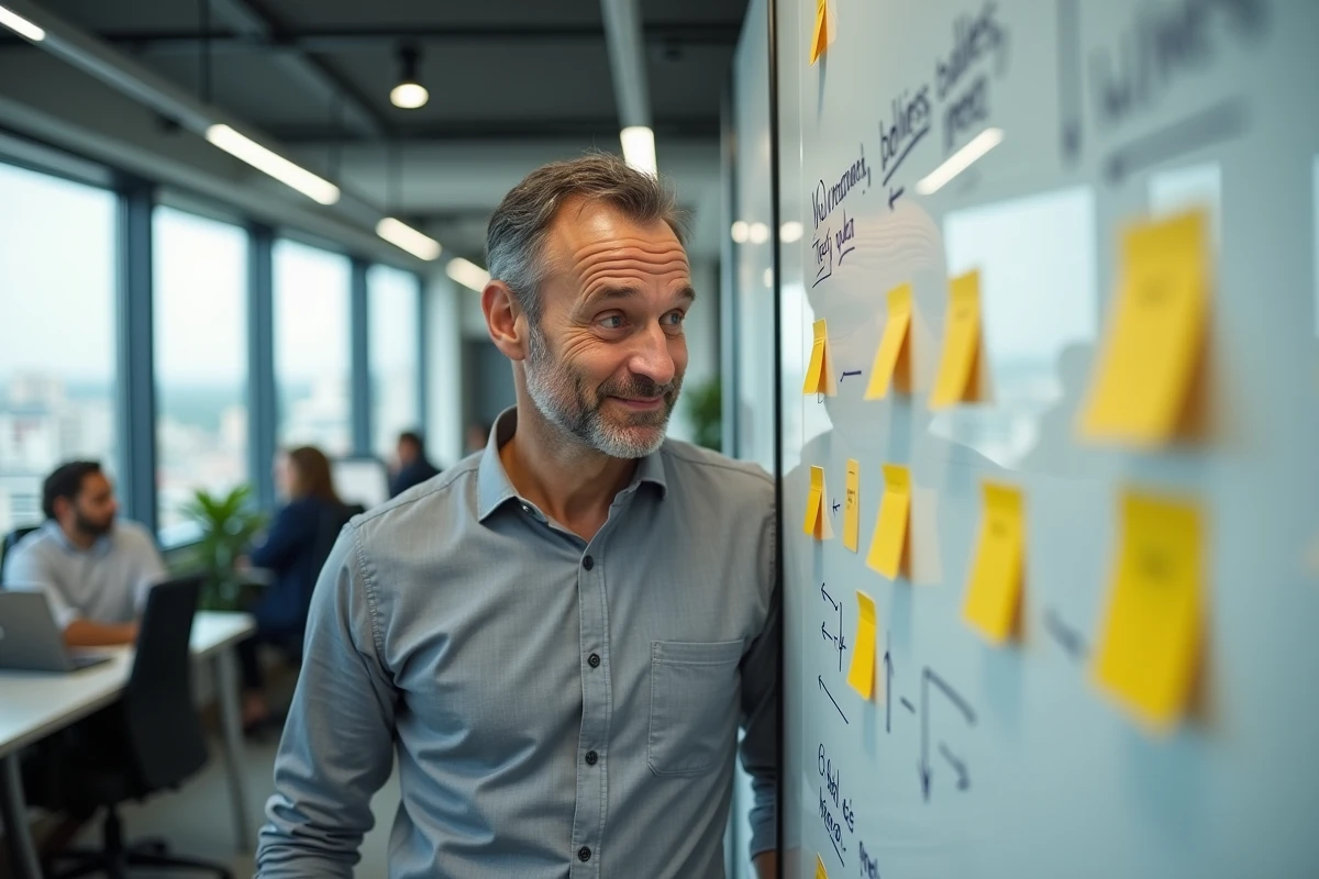 Homme amusé devant un tableau blanc couvert de jeux de mots dans un bureau moderne