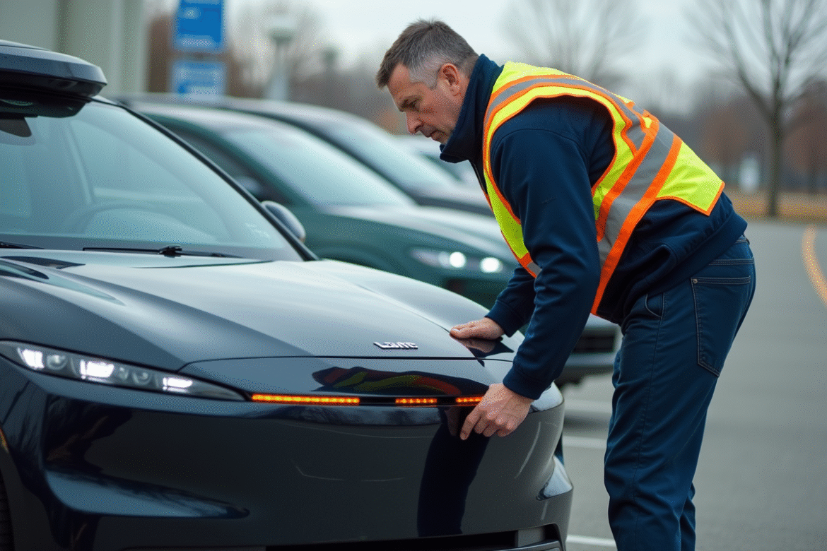 Ingénieur automobile inspectant un véhicule autonome en extérieur