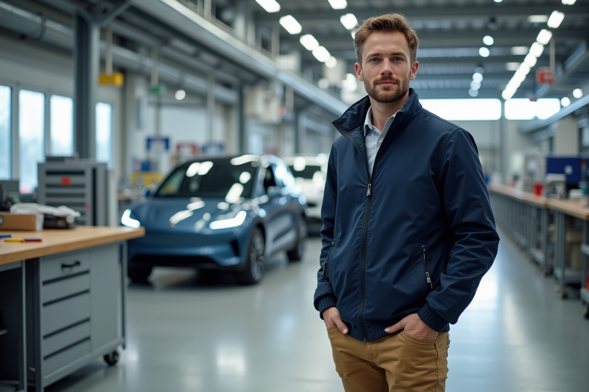 Jeune ingenieur automobile francais devant une voiture electrique moderne