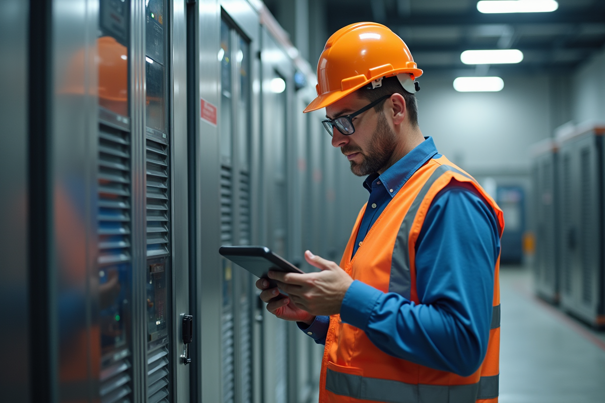 Ingénieur homme examinant une grande batterie industrielle