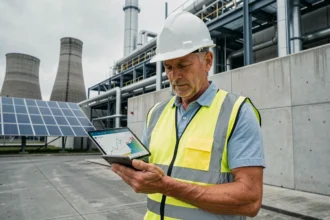 Ingénieur industriel analysant des données énergétiques devant une usine moderne équipée de panneaux solaires et de tours de refroidissement, illustrant la décarbonation industrielle en 2026