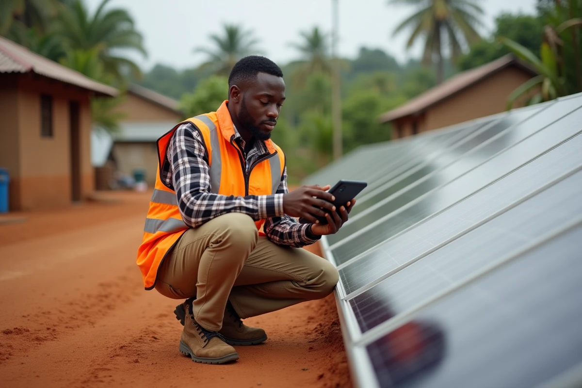 Jeune ingénieur comorien inspectant un panneau solaire en milieu rural