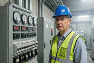 Ingénieur industriel devant un tableau électrique affichant des valeurs en kilowatts dans une sous-station électrique