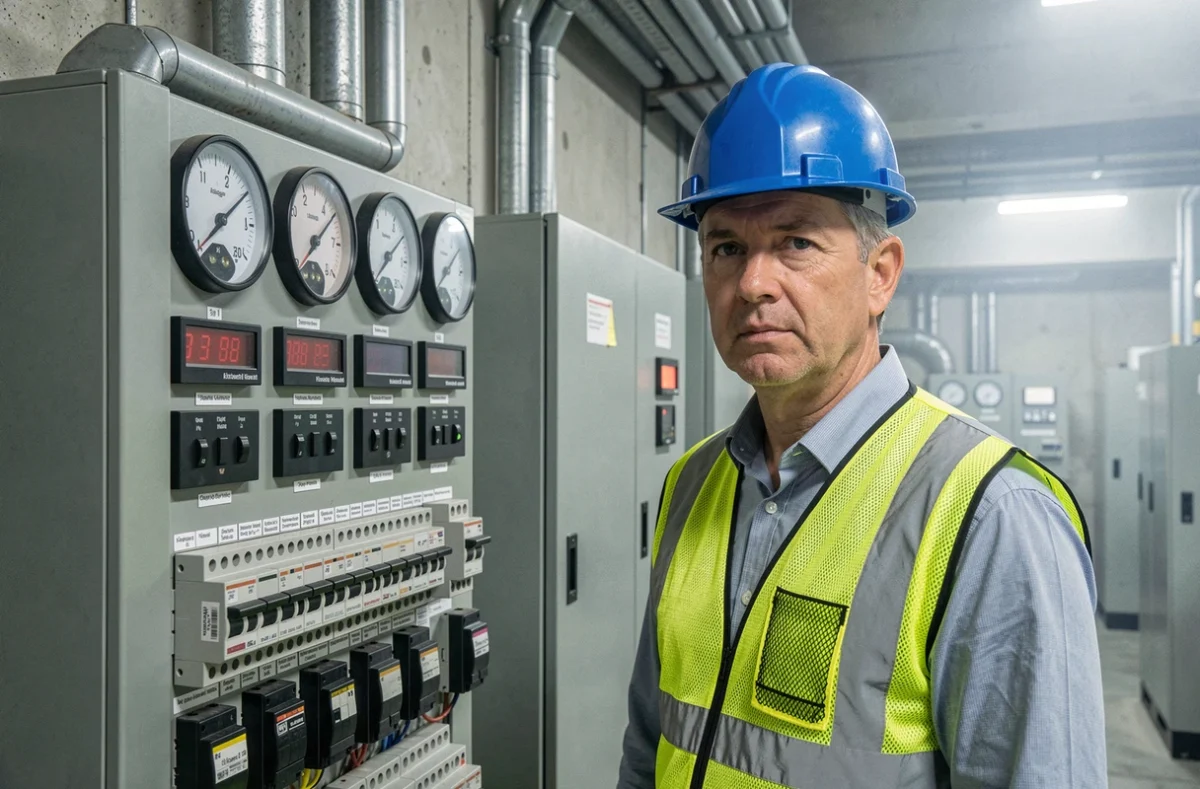 Ingénieur industriel devant un tableau électrique affichant des valeurs en kilowatts dans une sous-station électrique