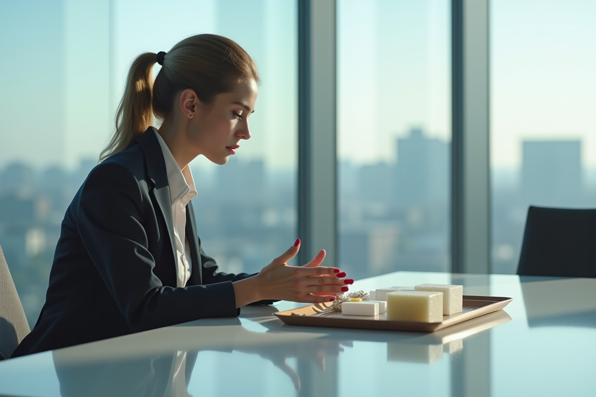 Jeune femme ingénieure comparant des échantillons de polymères