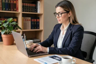 Femme professionnelle inscrivant au Congrès UINL Paris sur son ordinateur portable dans un bureau moderne