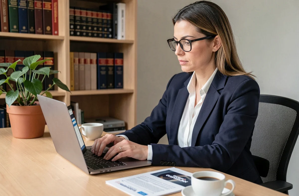 Femme professionnelle inscrivant au Congrès UINL Paris sur son ordinateur portable dans un bureau moderne
