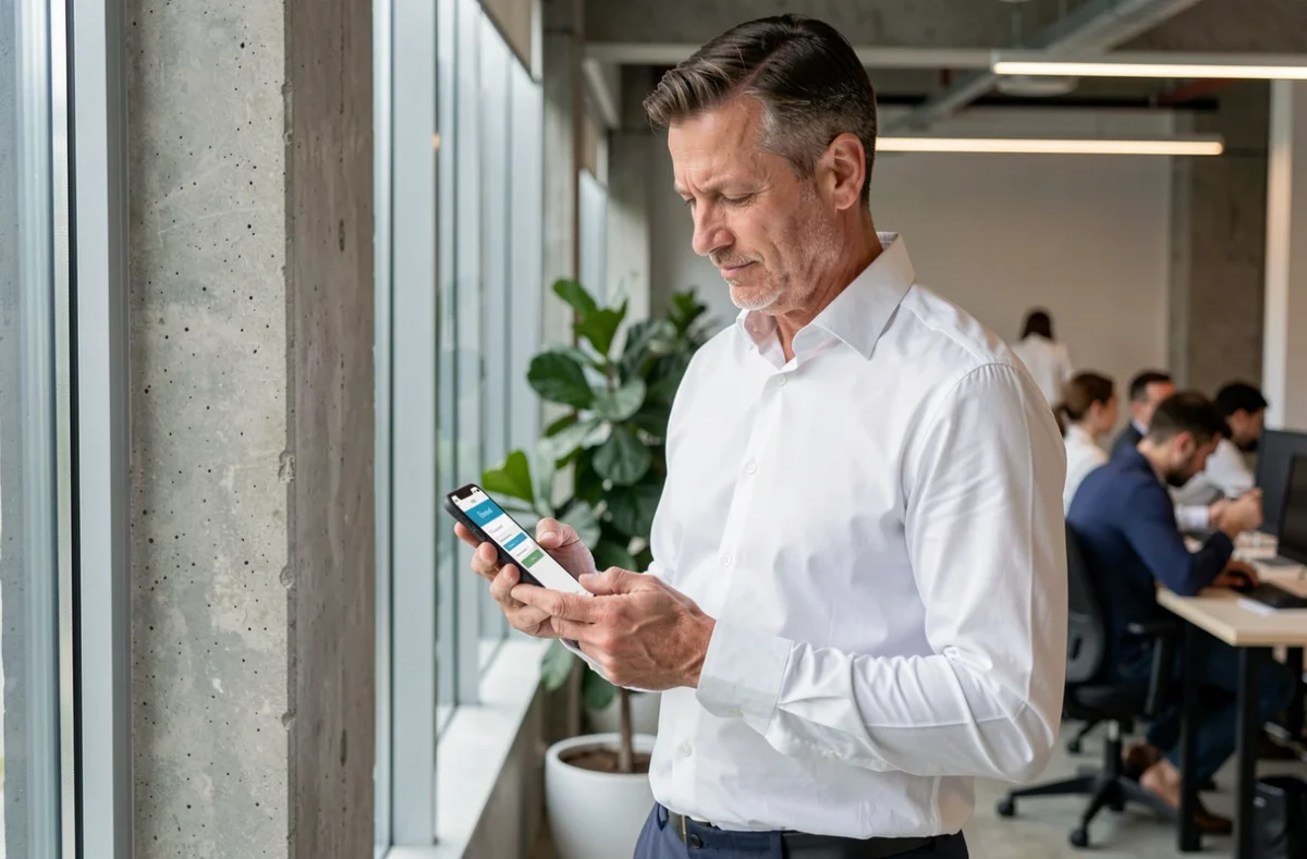 Homme d'affaires s'inscrivant au Congrès UINL Paris via une application mobile dans un espace de coworking
