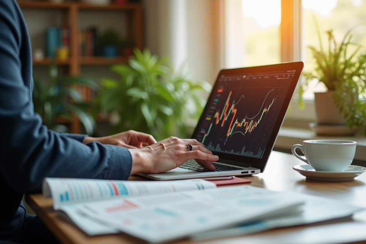 Investisseur confiant analysant des graphiques boursiers sur un ordinateur portable
