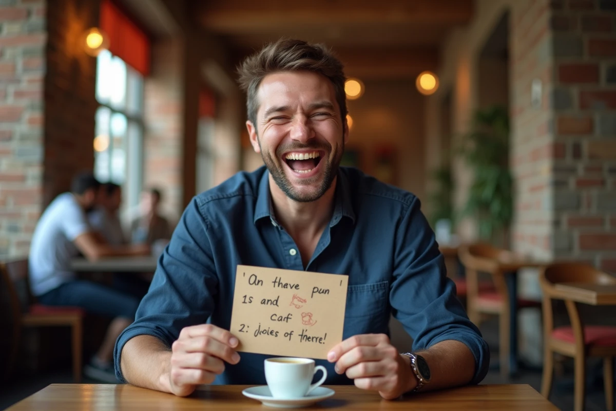 Homme souriant dans un café tenant une carte avec un jeu de mots amusant écrit à la main