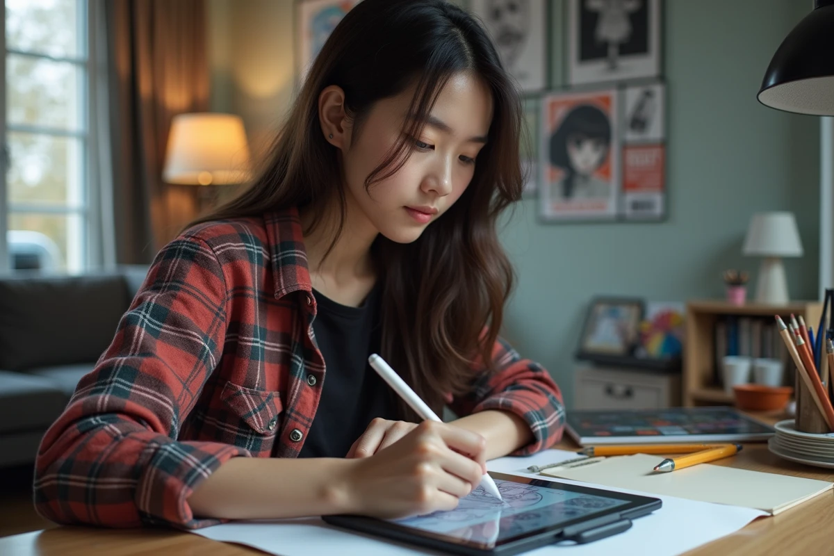 Jeune femme dessinant manga sur tablette dans son studio