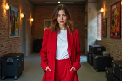 Jeune chanteuse pop italienne en backstage avec sourire