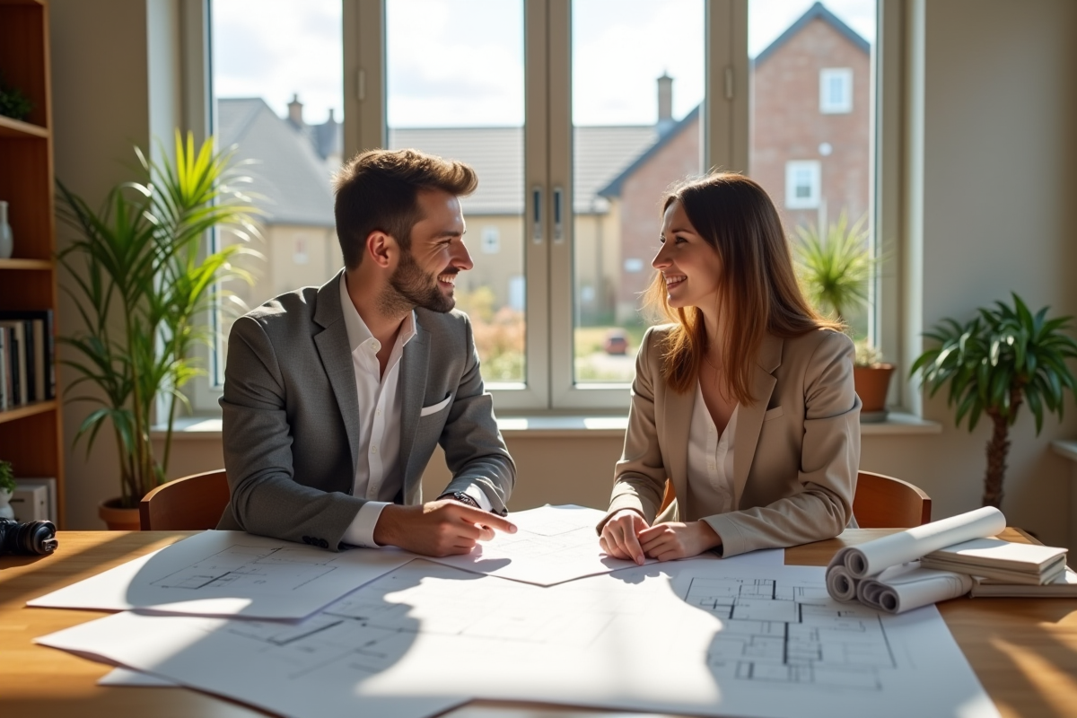 Jeune couple étudiant des plans dans un bureau lumineux