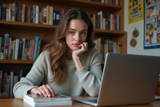 Jeune femme regardant une page de manga sur son ordinateur