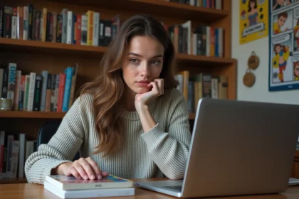 Jeune femme regardant une page de manga sur son ordinateur