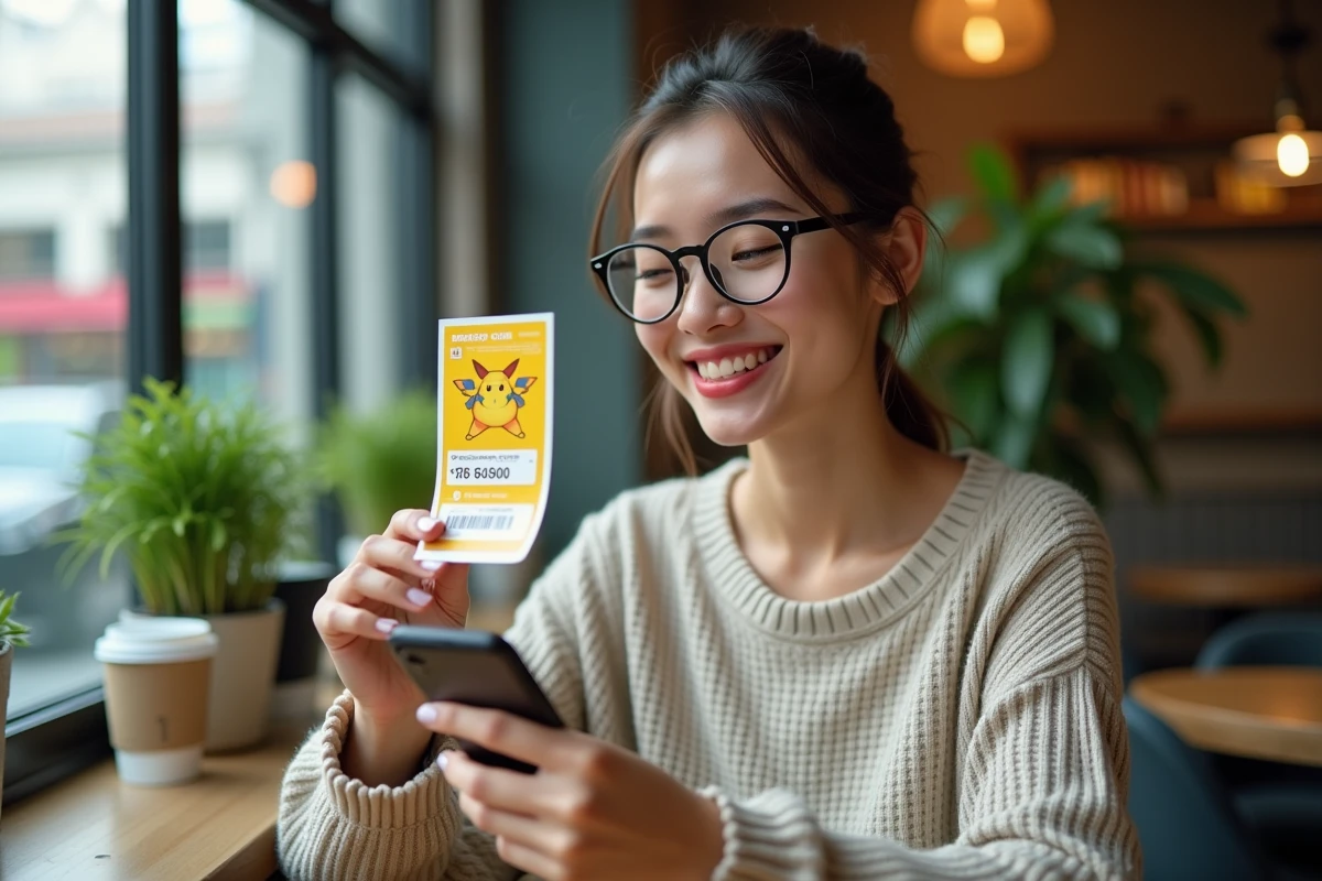 Femme souriante tenant un code Pokémon dans un café moderne