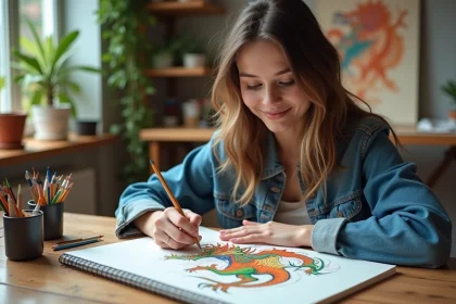 Jeune femme en studio dessinant un Dracaufeu coloré