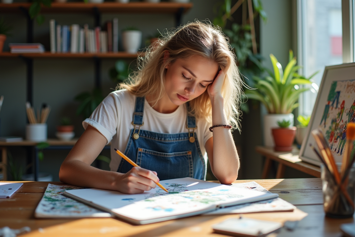 Jeune femme en atelier créatif esquissant dans son carnet