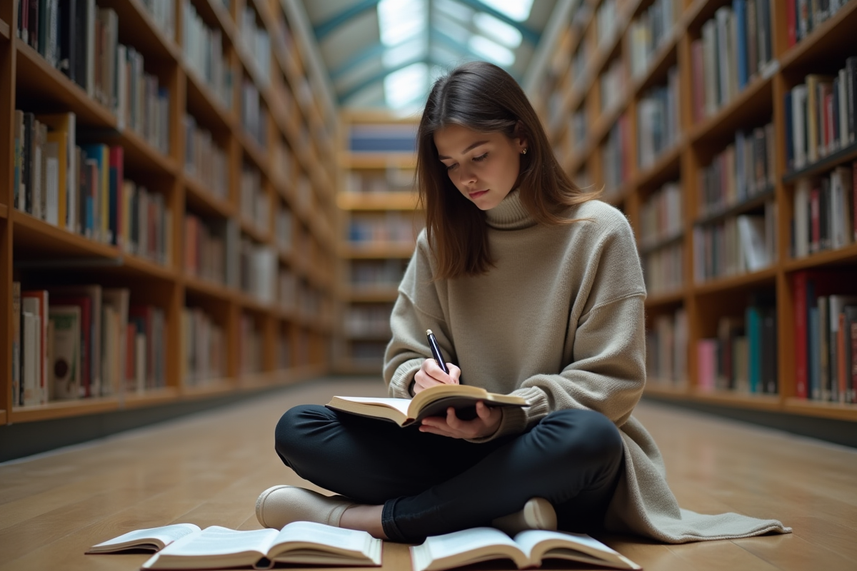 Jeune femme lisant et prenant des notes dans une bibliothèque