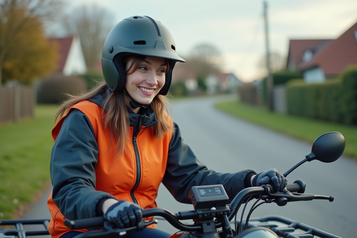 Jeune femme vérifiant le tableau de bord d’un quad