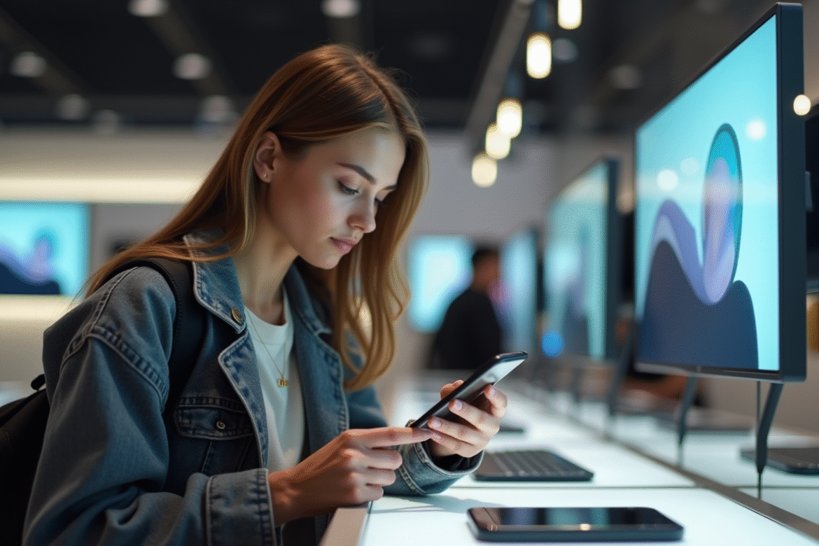 Jeune femme examine un smartphone dans un magasin moderne
