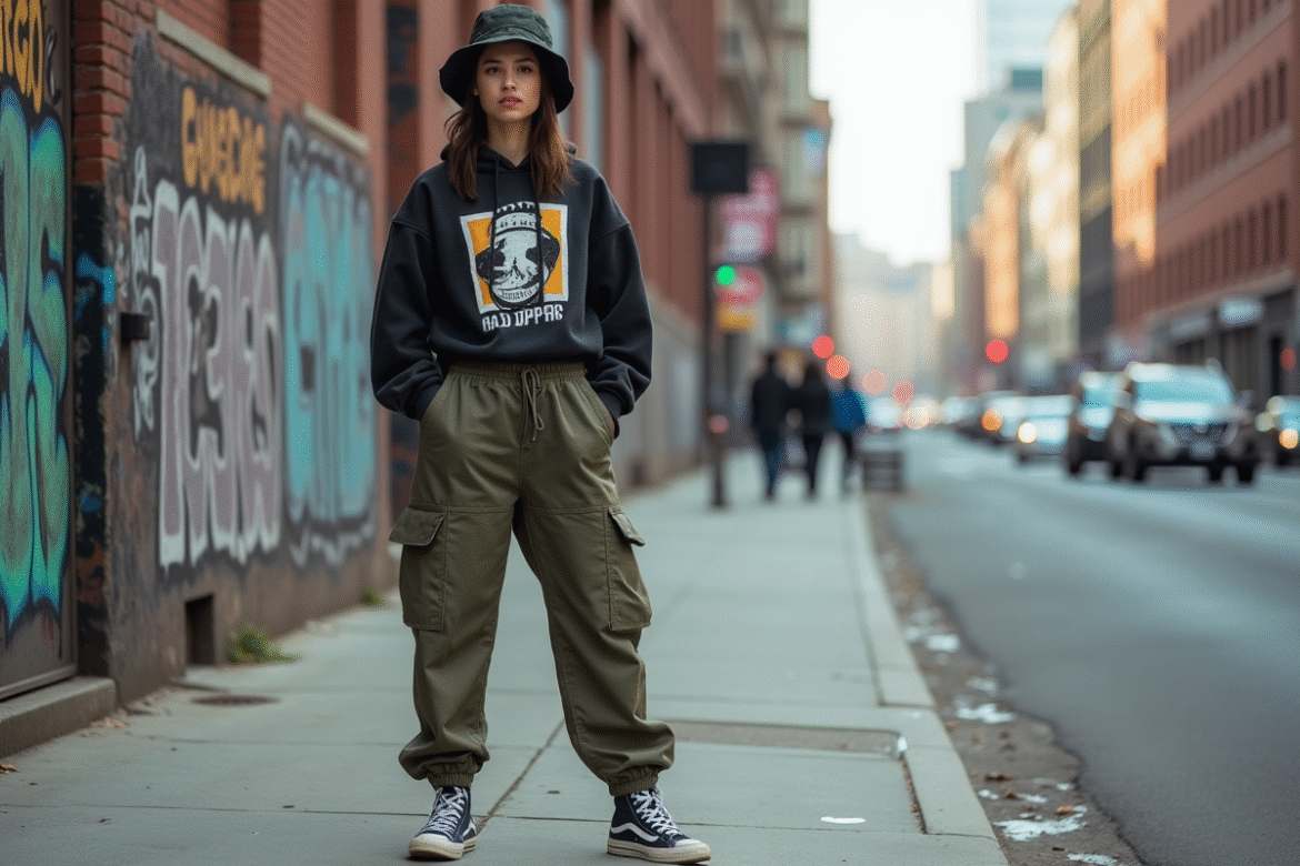 Jeune femme en streetwear urbain dans la ville