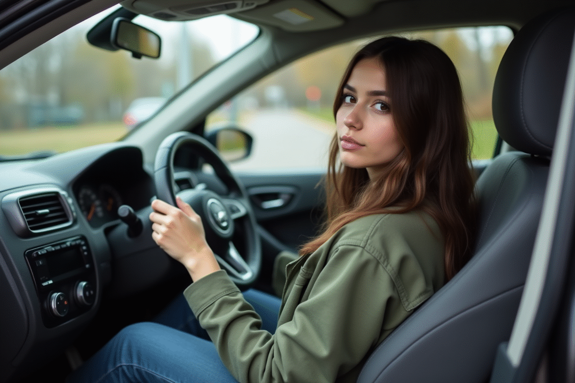 Jeune femme au volant d'une voiture compacte en ville