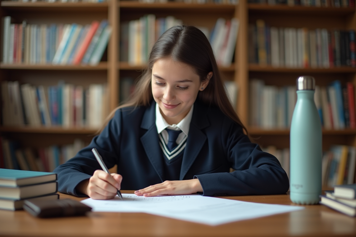 Jeune fille en uniforme étudiant à la bibliothèque