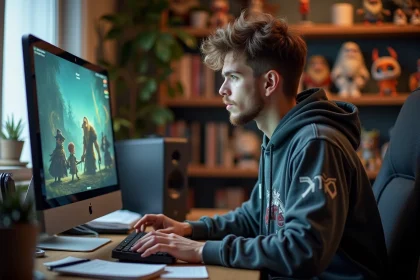 Jeune homme jouant à un jeu vidéo dans une chambre cosy