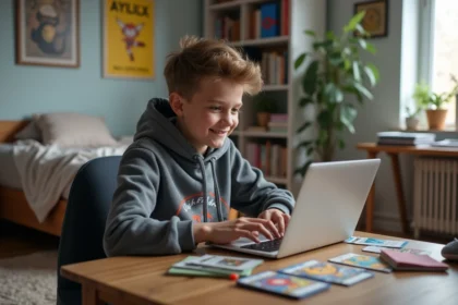 Garçon concentré sur son code Pokémon dans sa chambre lumineuse