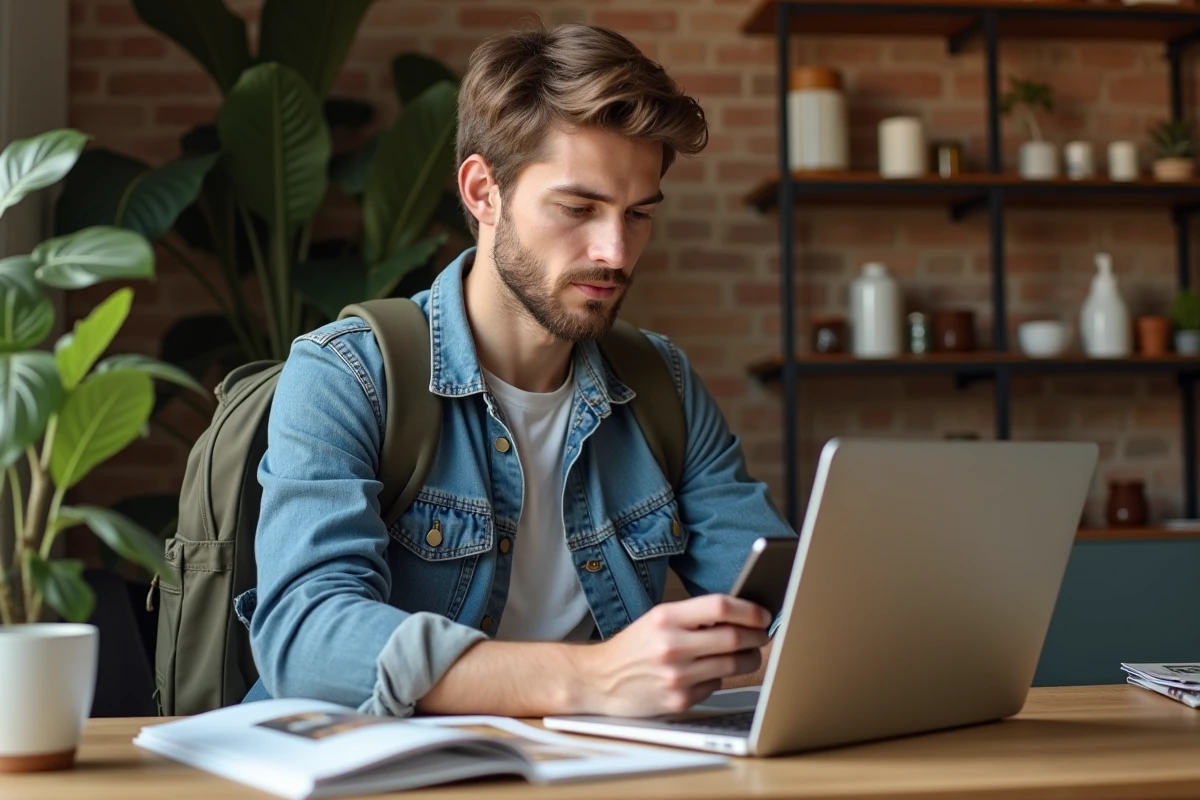 Jeune homme comparant brocante sur son ordinateur portable