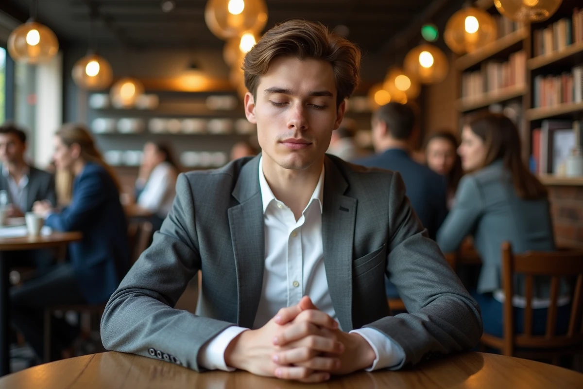 Jeune homme en costume dans un café en pleine réflexion