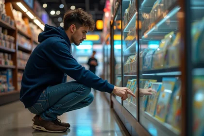 Jeune homme examine des cartes Pokémon rares en boutique
