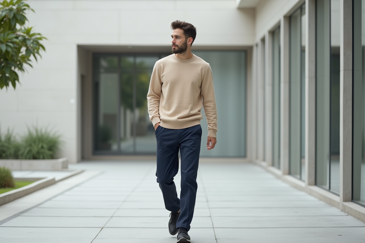 Jeune homme en sweater beige marche dans une rue urbaine