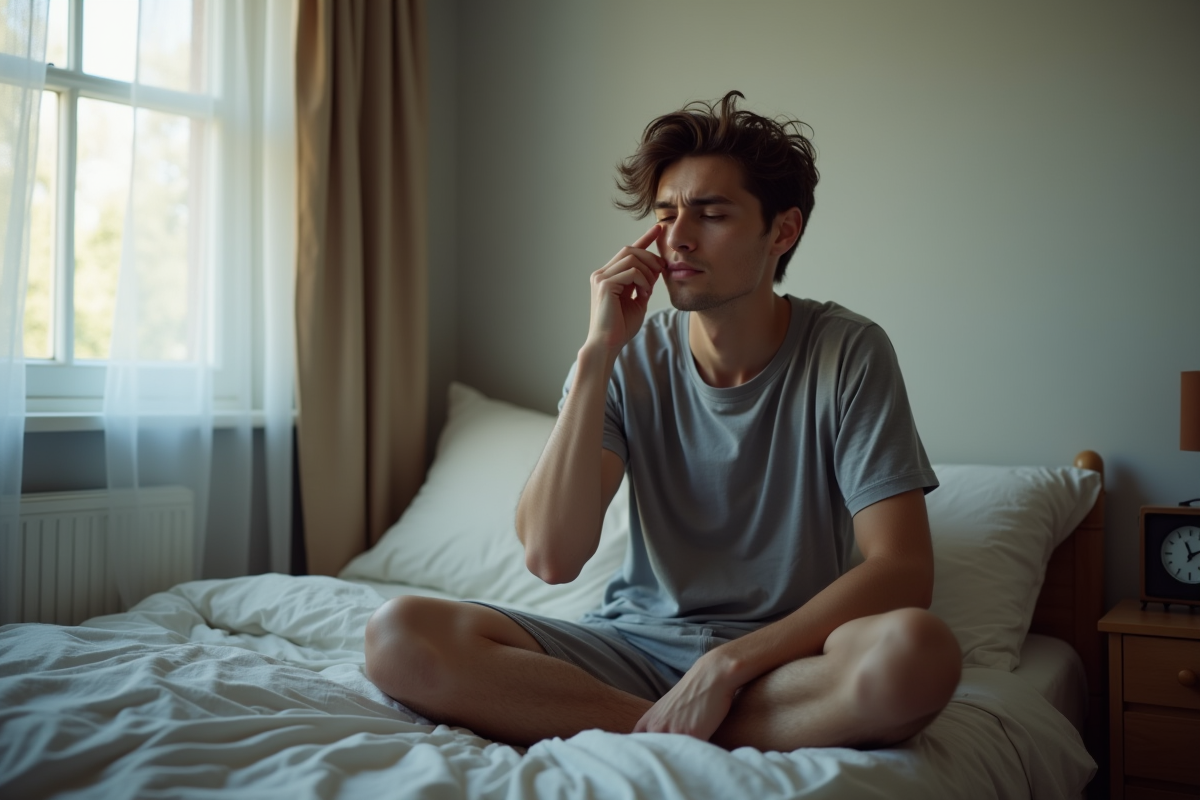 Jeune homme fatigué au réveil dans sa chambre