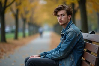 Jeune homme pensif assis sur un banc dans un parc urbain