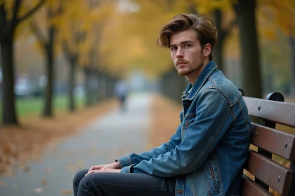 Jeune homme pensif assis sur un banc dans un parc urbain