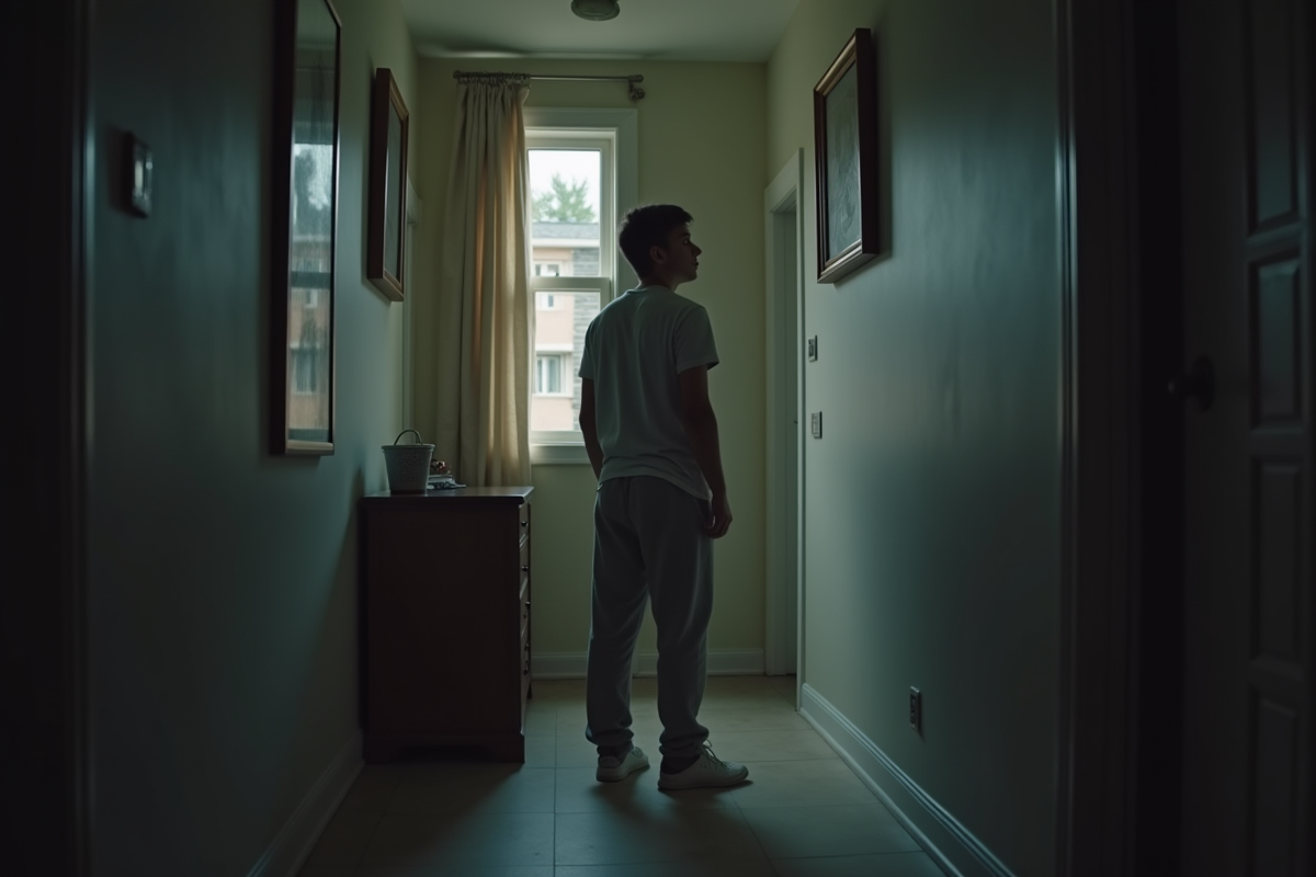 Jeune homme dans le couloir regardant par la fenetre