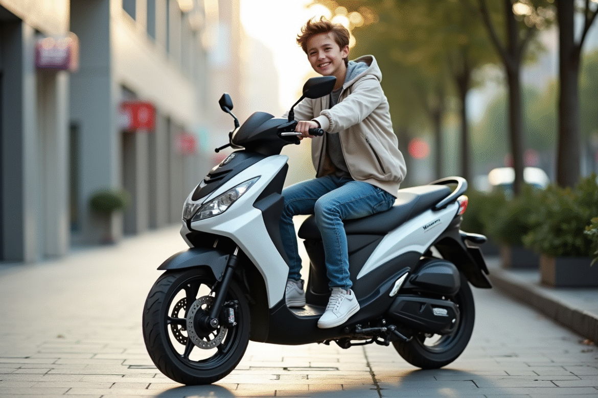 Jeune garçon souriant avec scooter en ville